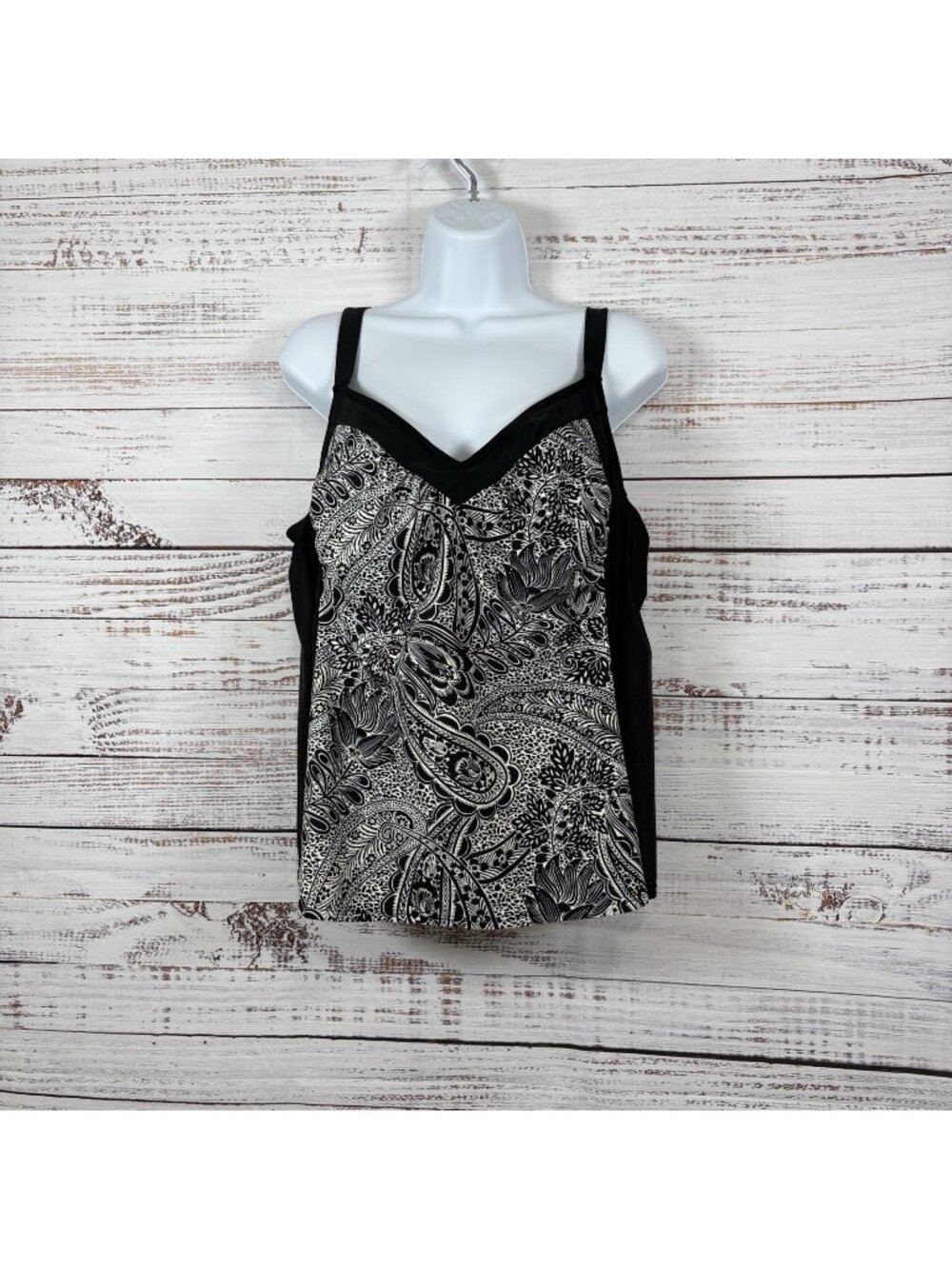 Delta Burke Black Paisley Print Adjustable Straps Swim Top
